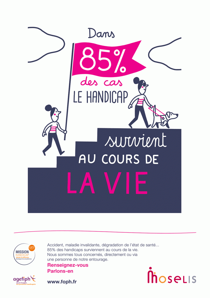 Semaine Européenne pour l’Emploi des Personnes Handicapées du 19 au 25 novembre 2018, affiche, dans 85 pourcent des cas le handicap survient au cours de la vie
